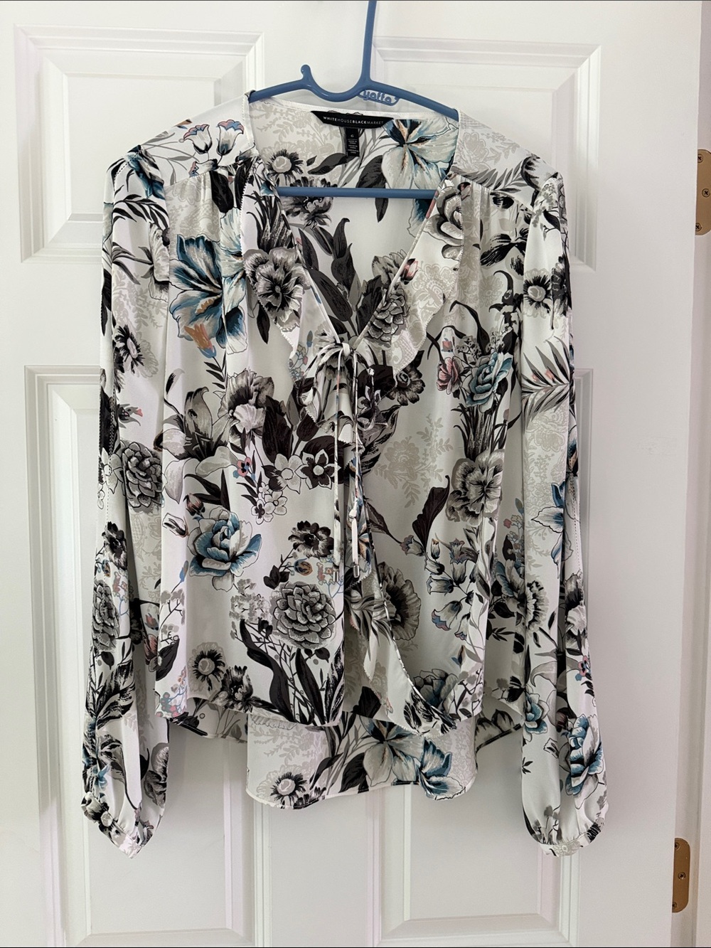 WHBM - Floral Tie-Neck Long-Sleeve Blouse - White/Blue